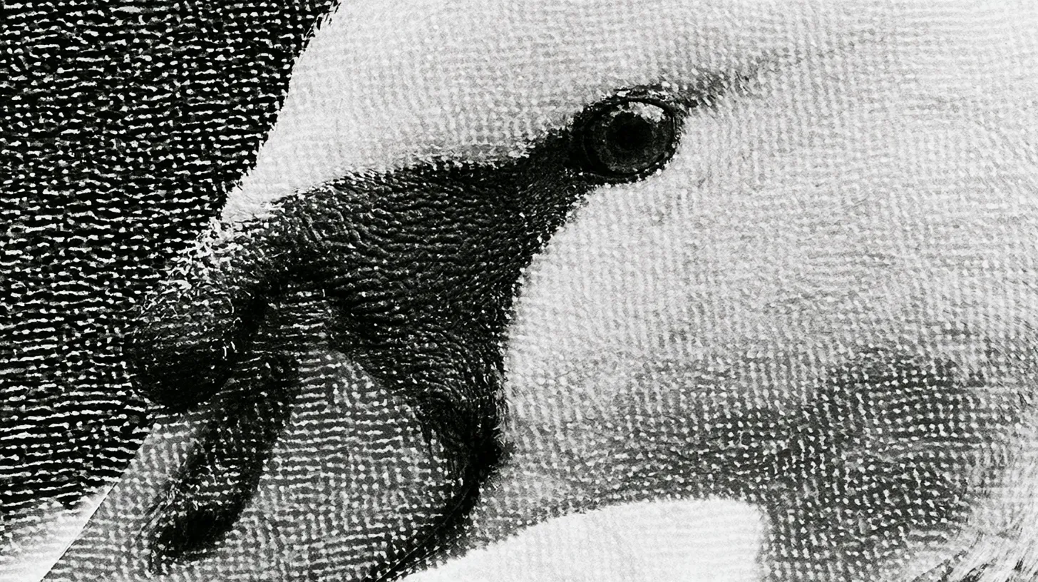 An extreme close-up of a swan's head and eye against its folded wing feathers.