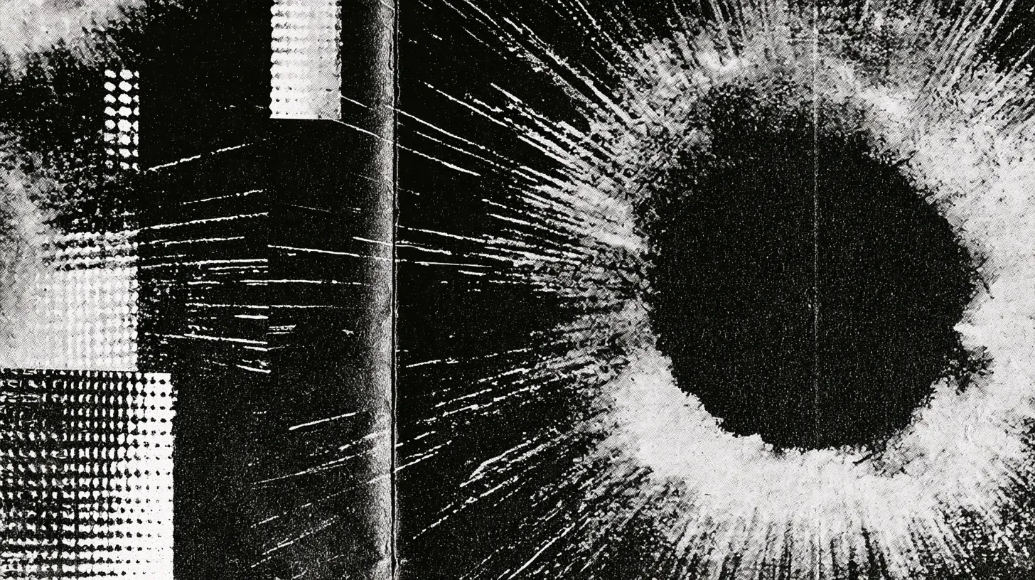 An abstract, scratched collage of torn type and a radiating burst of white lines against black.