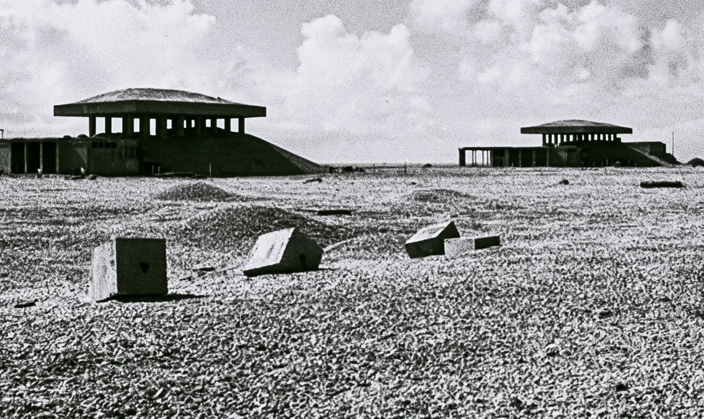 Two derelict pagoda-roofed test laboratories on a shingle spit, half-collapsed structures scattered in front of them.