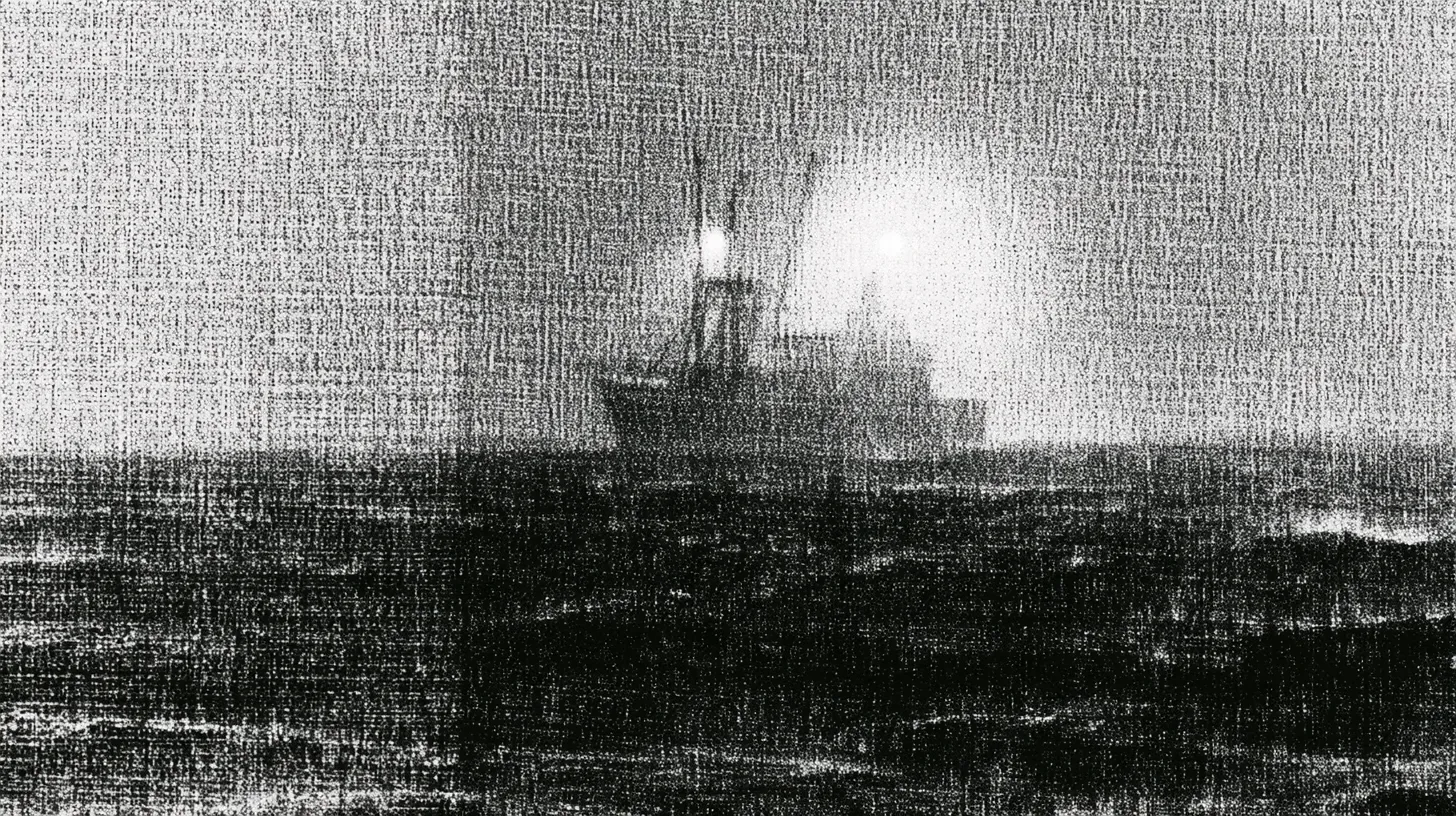 A fishing trawler emerging from fog at sea, its deck lights glowing through heavy grain.
