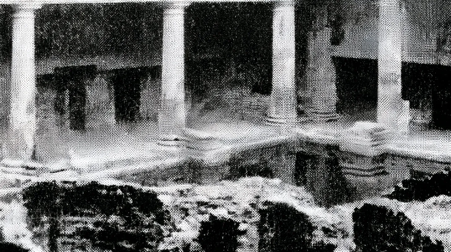 Roman bath-house ruins, weathered stone columns standing among excavated walls and rubble.