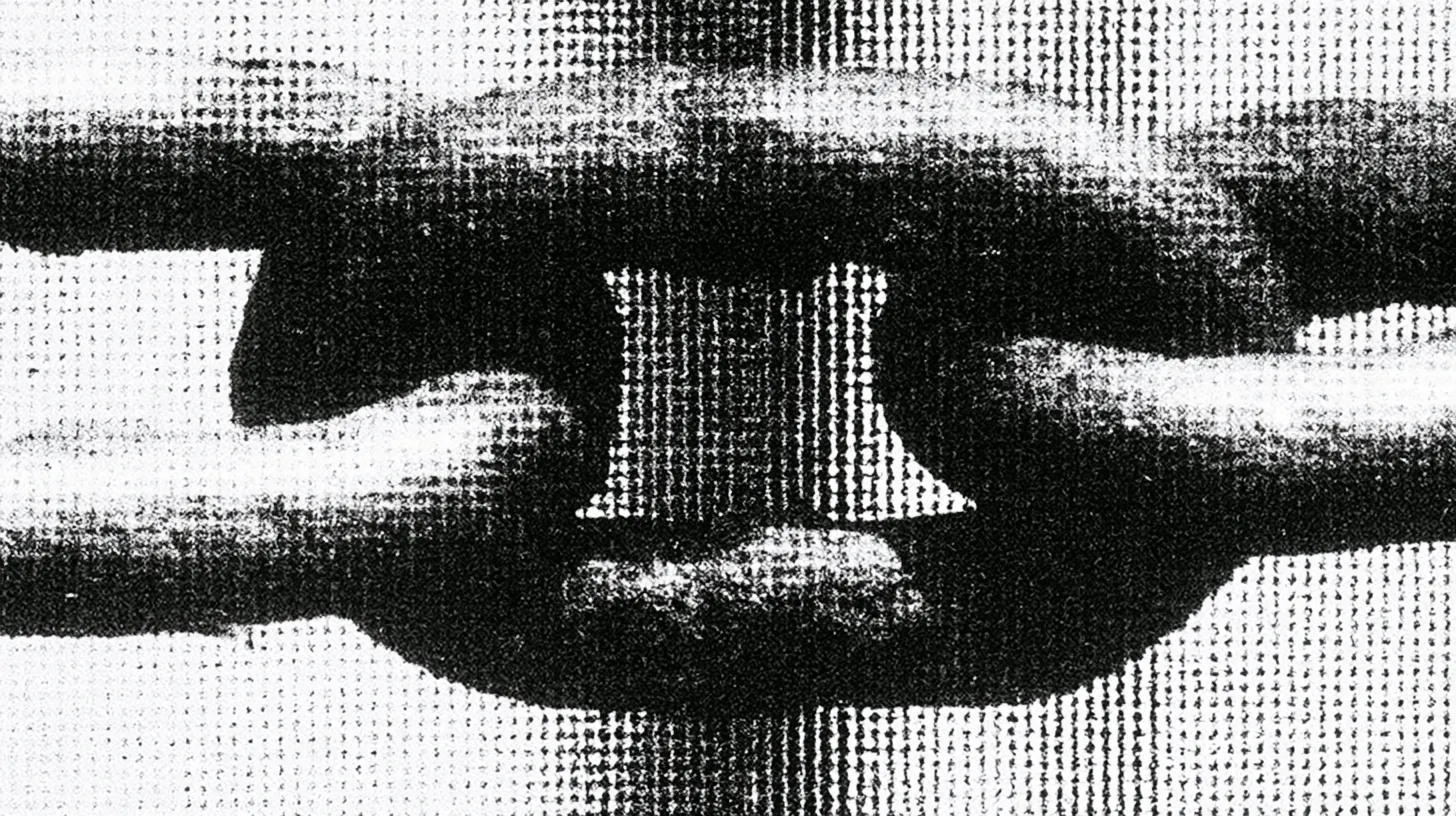 An extreme close-up of a single hand-forged iron chain link, halftone-printed.