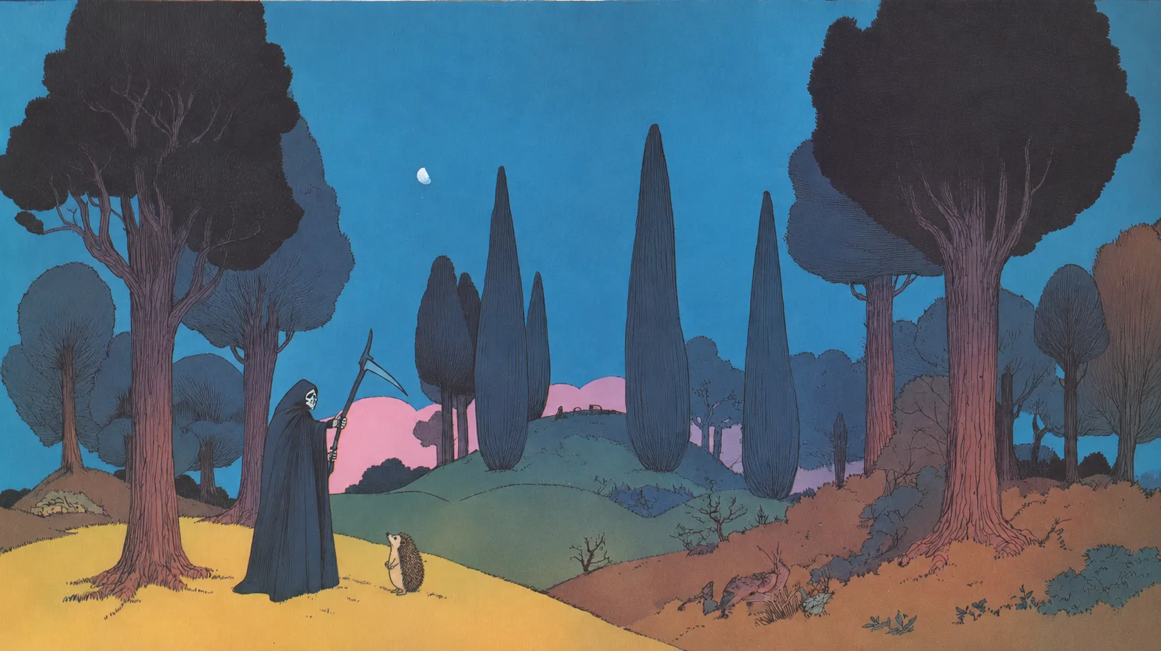 An illustration of a hooded, skeletal figure of Death holding a scythe, standing on a yellow hillside at dusk and looking down at a small hedgehog that faces it.