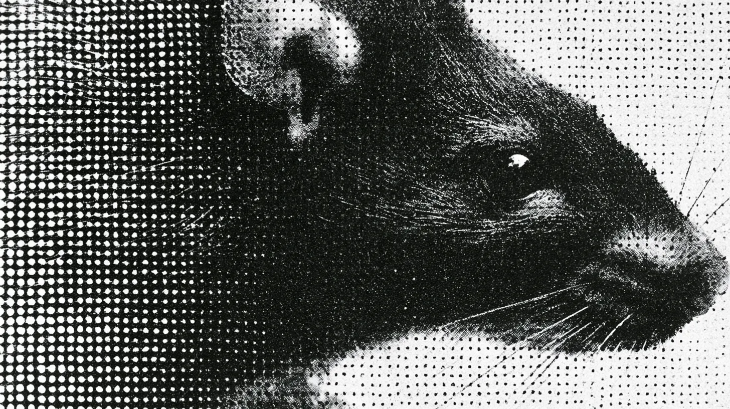 A close halftone portrait of a rat's head in profile, whiskers and fur rendered in coarse print dots.