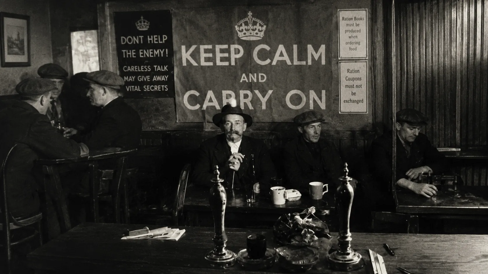 Cecil Beaton's 1941 photograph of the Keep Calm and Carry On poster hung on a pub wall, flanked by wartime notices about careless talk and ration books, with men in flat caps seated at tables beneath it.