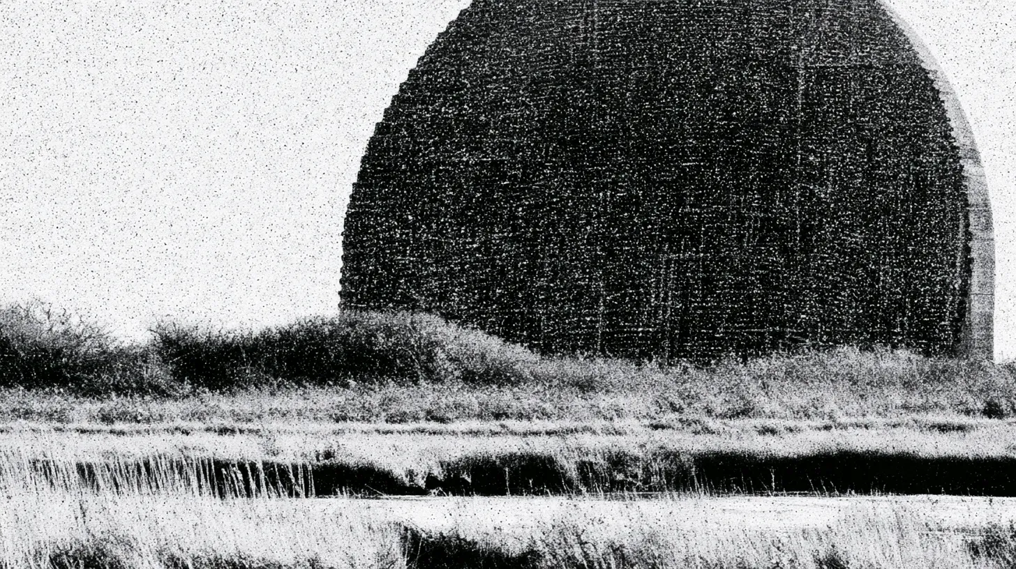 A vast concrete acoustic mirror curving up from a marsh, dwarfing the reeds and scrub around it.