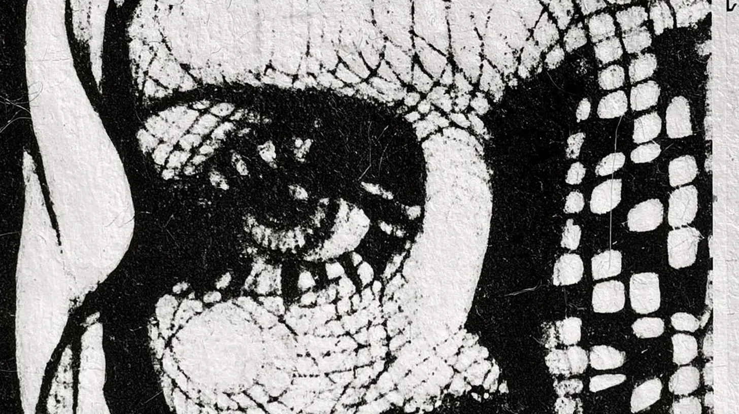 An extreme close-up of a drawn eye, rendered in dense crosshatched linework.