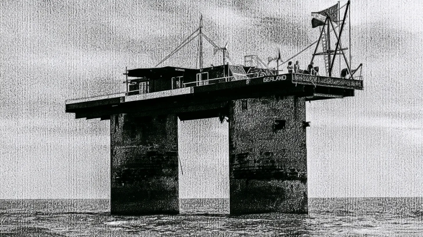 A converted wartime sea fort standing on two concrete towers in open water, platform crowded with masts and railings.