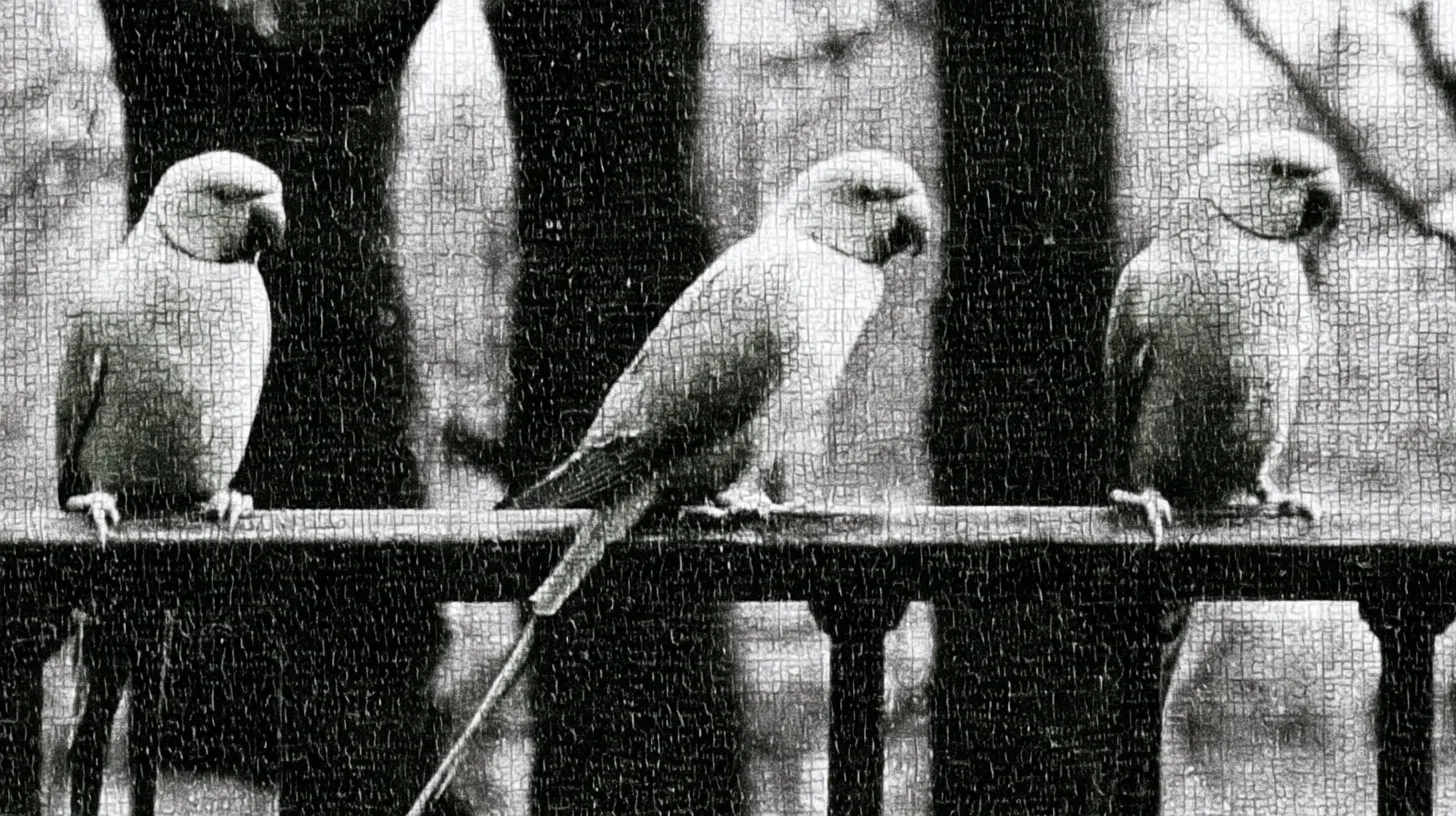 Three ring-necked parakeets perched in a row on a railing, feathers rendered in fine halftone.