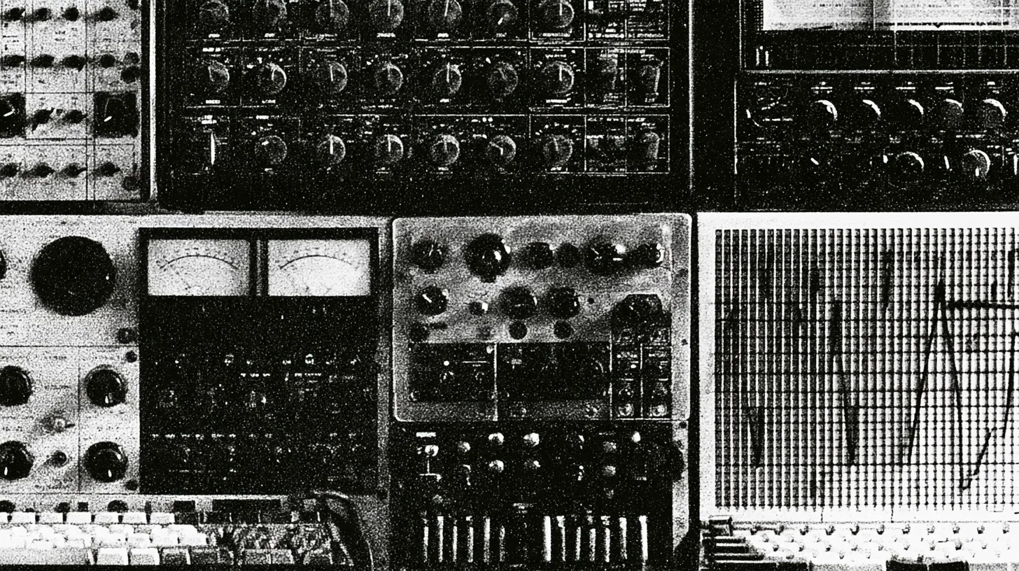A close view of vintage electronic studio equipment — oscillators, meters and patch panels dense with dials.