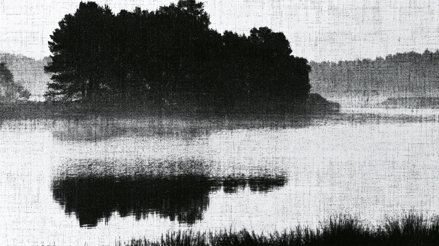 A misty wooded island reflected in still, dark water, with reed beds in the foreground.