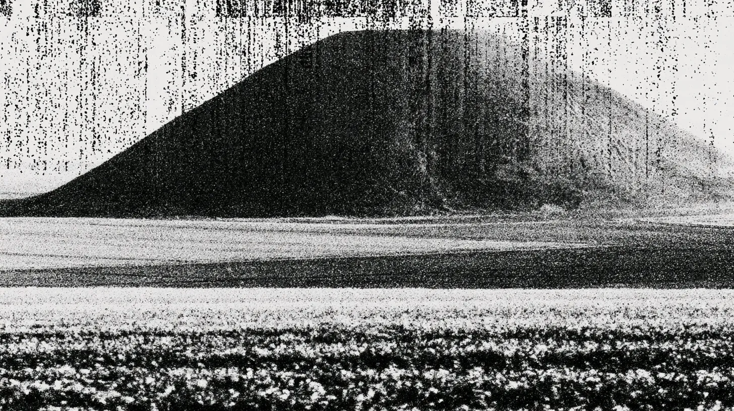 A large grass-covered mound rising from flat farmland, photographed in heavy grain.