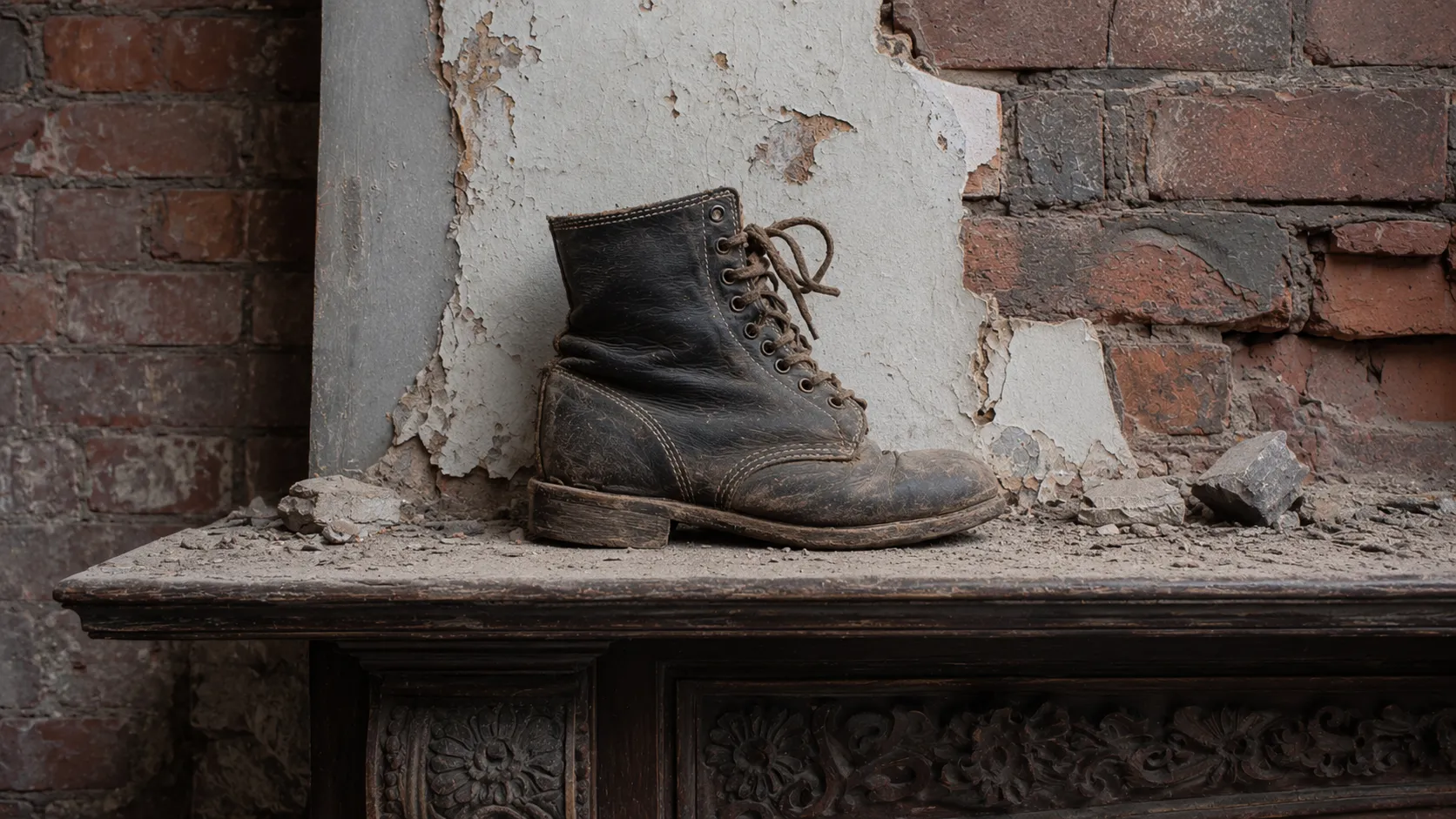 A worn leather boot, laced and split at the toe, standing on a dust-covered mantelpiece in a derelict room against crumbling plaster and exposed brick.