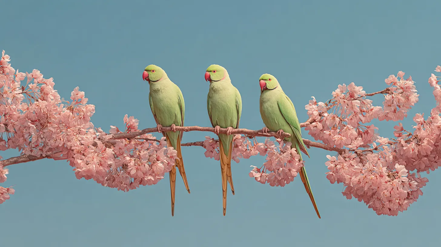 Three ring-necked parakeets perched along a cherry blossom branch against a pale blue sky, bright green with red beaks and long tapering tails.