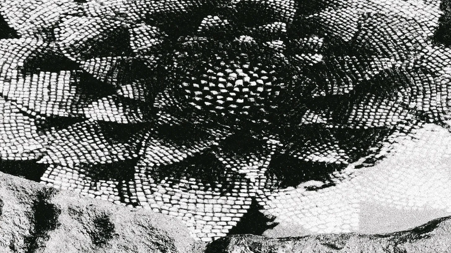 An overhead view of a well-dressing panel, a radiating floral pattern pressed into clay in fine mosaic-like detail.