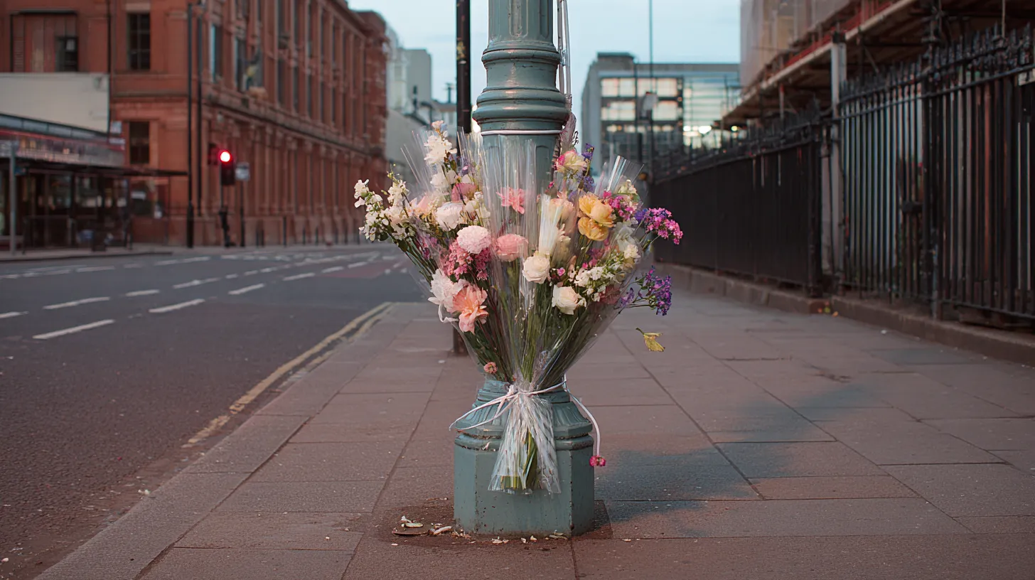 A cellophane-wrapped bouquet tied to the base of a lamppost on a city pavement at dusk, an empty road and red-brick buildings behind it.