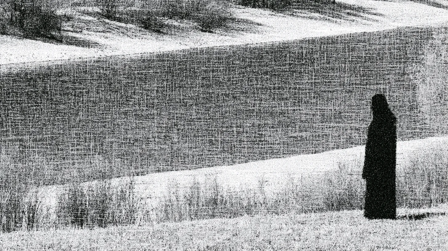 A dark, hooded figure standing alone at the edge of open water, rendered in coarse halftone grain.