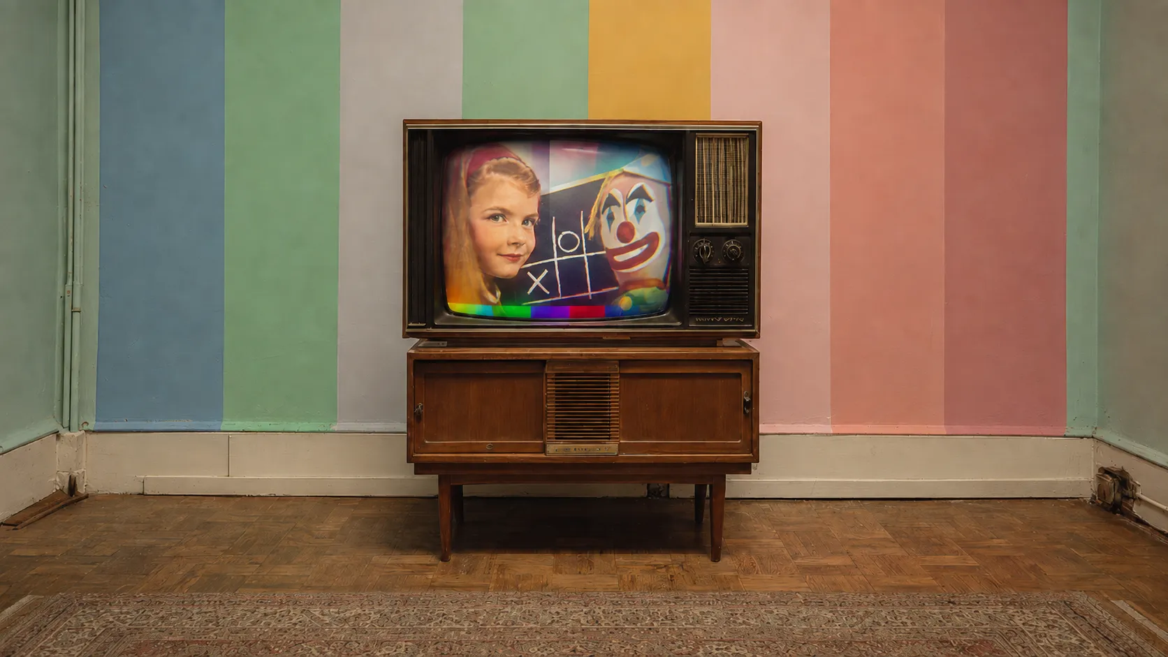 A wooden 1960s television set on a stand in an empty room, showing BBC Test Card F — a girl at a blackboard beside a clown toy — against a wall painted in pastel colour bars.