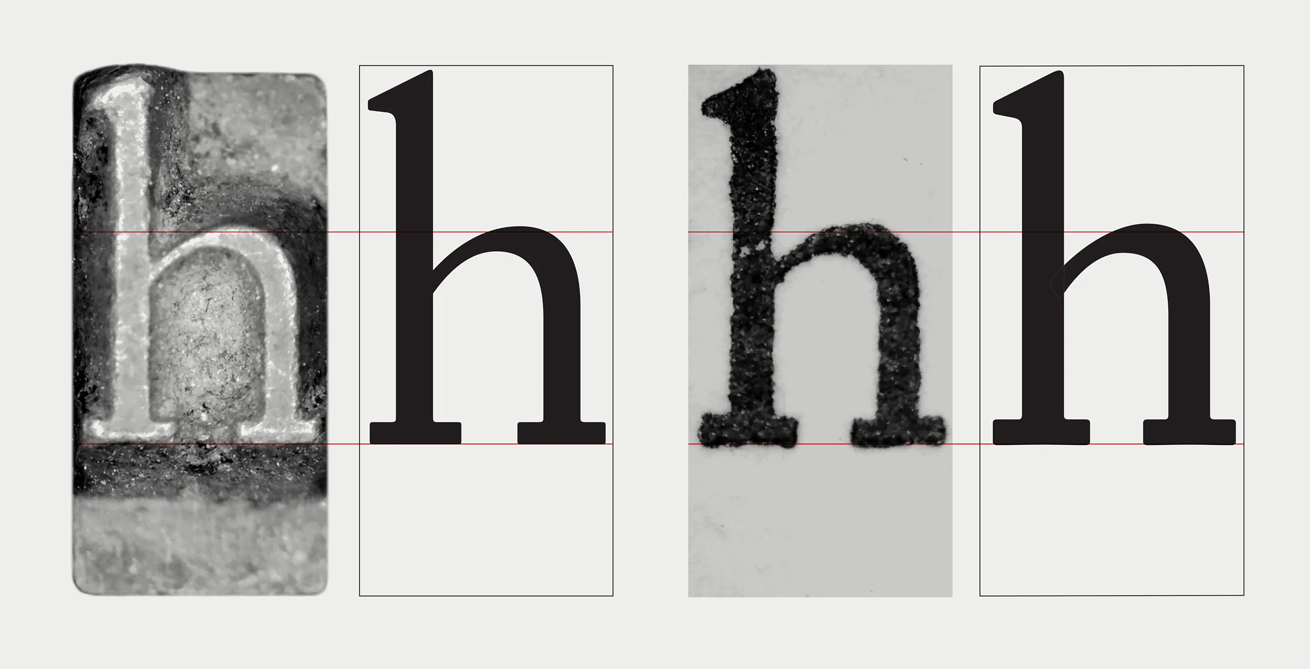 Four panels comparing the lowercase letter h: a photograph of the original metal sort, the digital revival drawn as an outline, a printed impression from the Doves type, and the revived digital letter, with red guide lines across x-height and baseline.