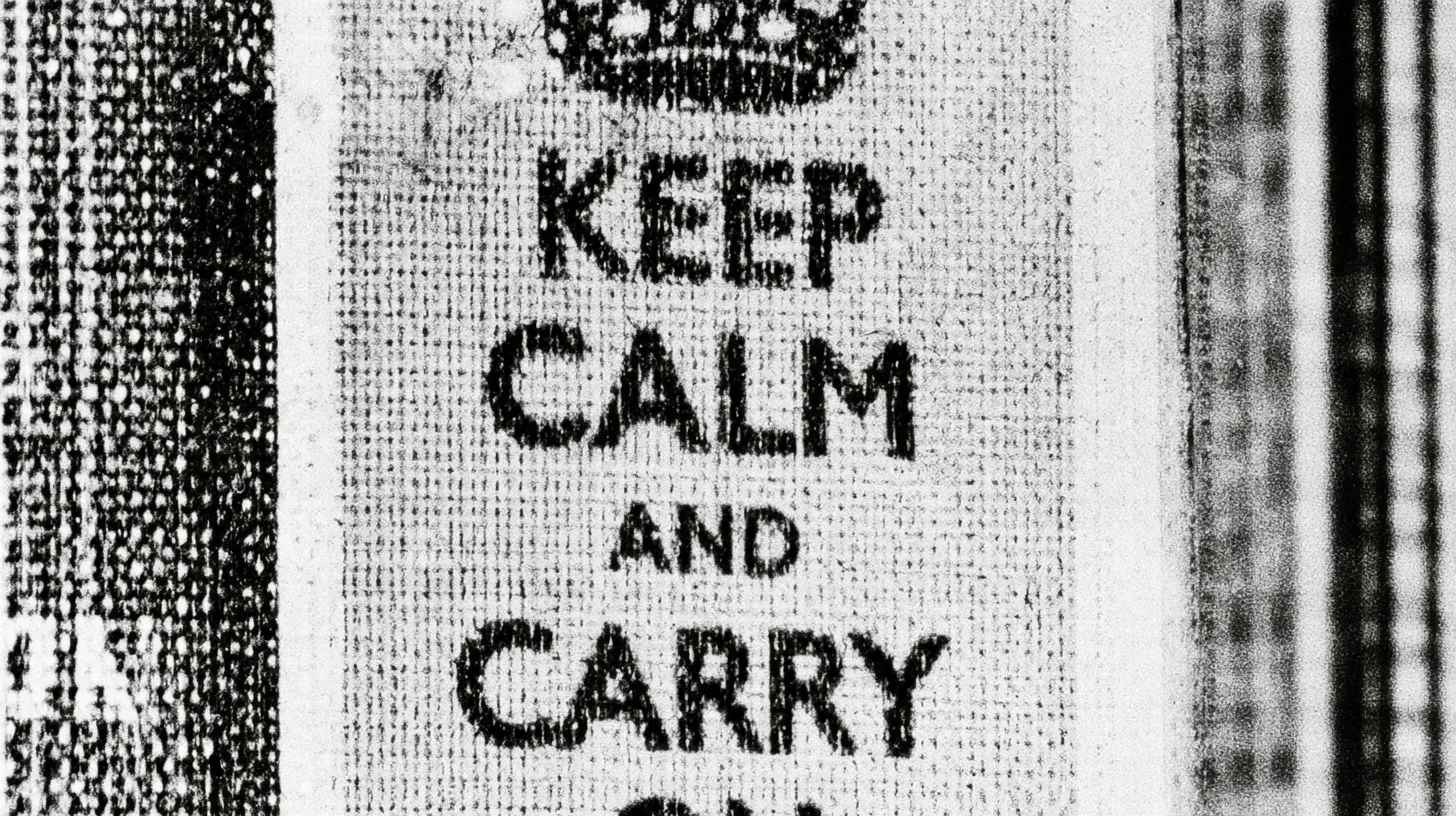 A close view of the Keep Calm and Carry On poster, showing the crown and the top three lines of text.