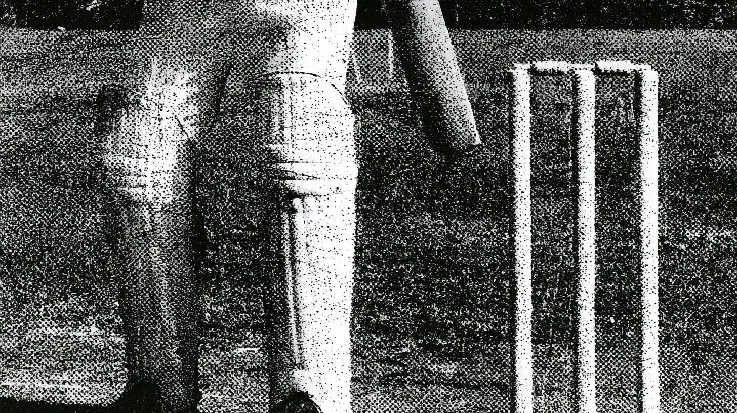 A close view of cricket pads and stumps, rendered in coarse halftone grain.