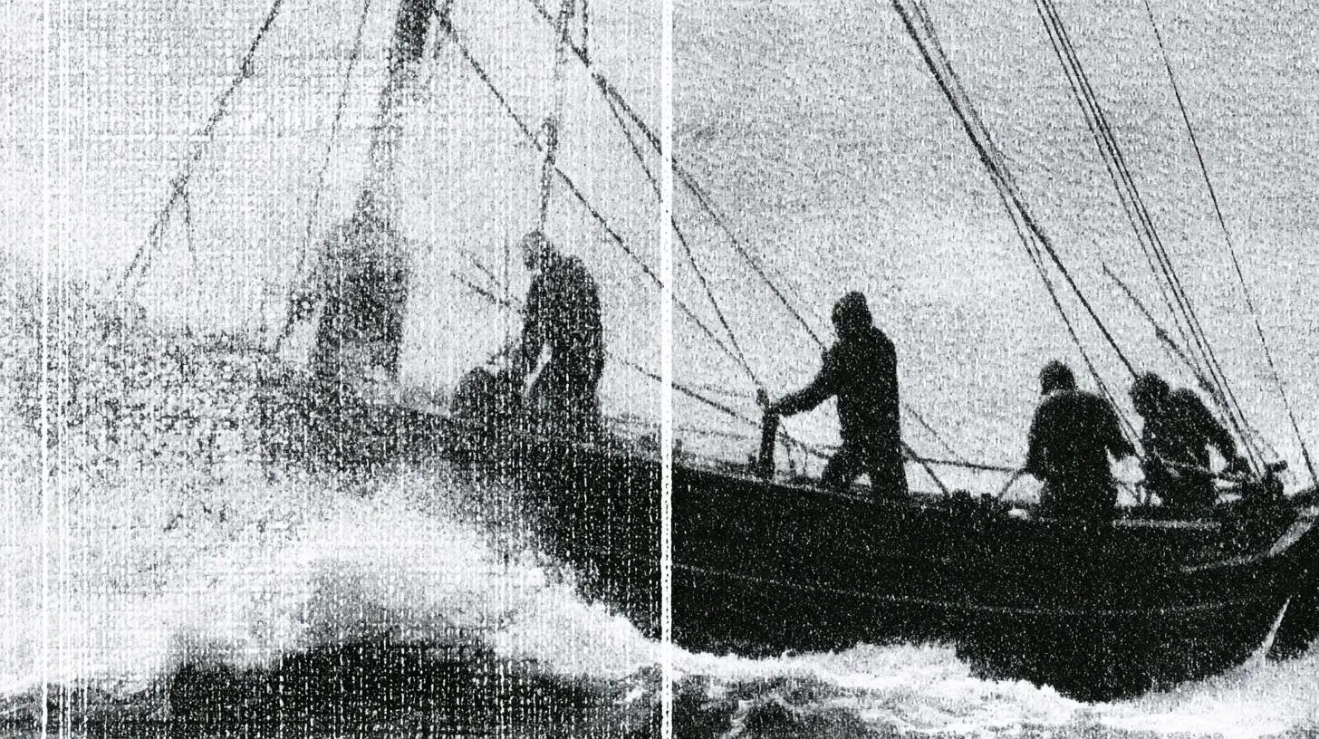 A split image of a fishing crew battling heavy waves, ropes and rigging cutting across a spray-lashed deck.
