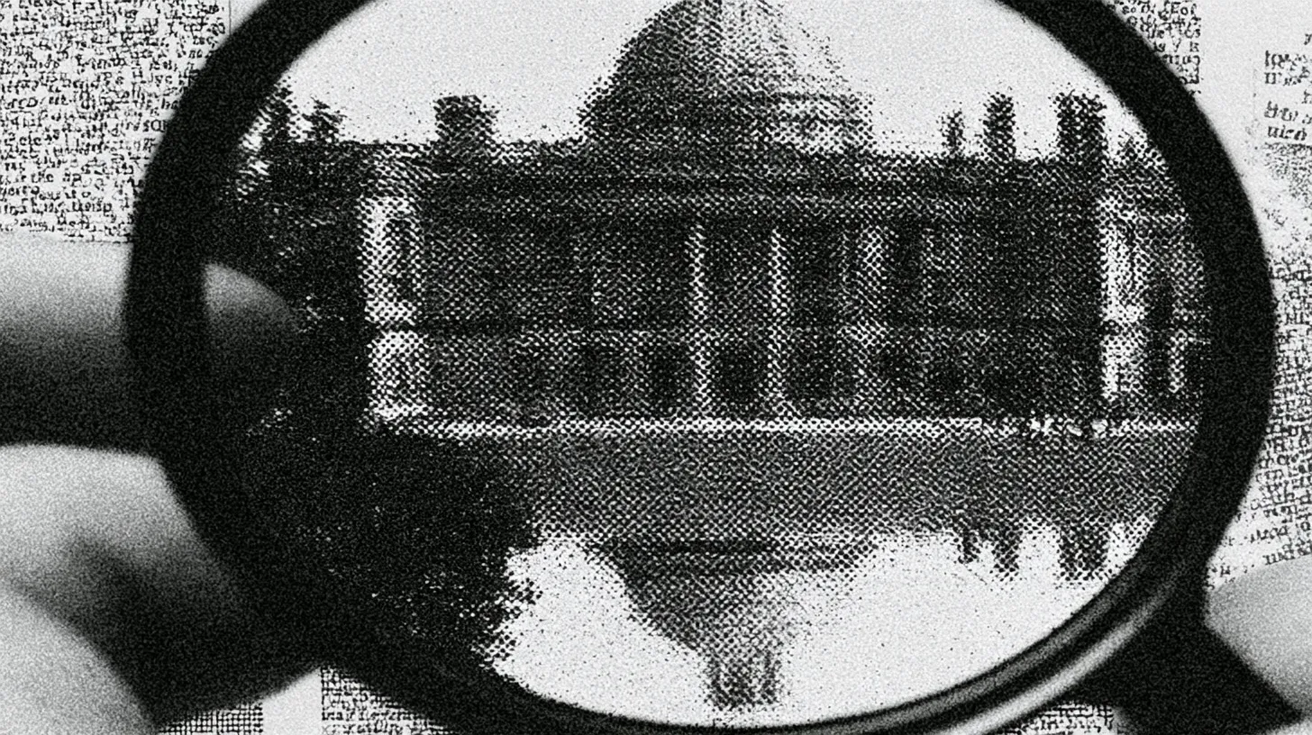 A magnifying glass held up to reflect a stately home and its grounds, mirrored in water below.