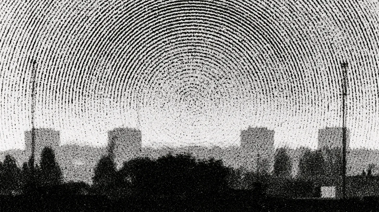 Concentric radio-wave rings radiating over a silhouetted skyline of tower blocks and transmission masts.