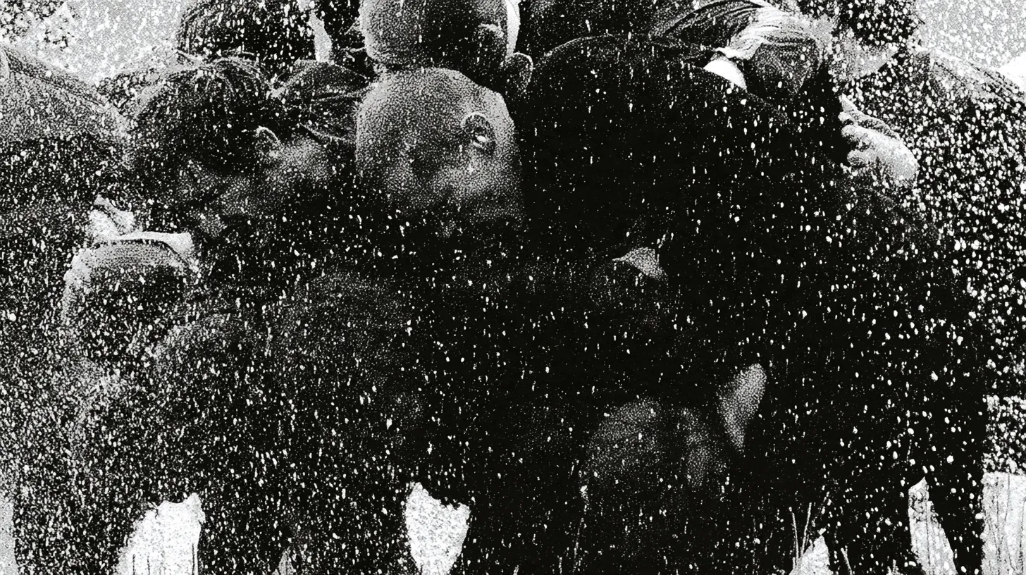 A tight scrum of people crowded together in a spray of flour or water, faces obscured by the flying grain.