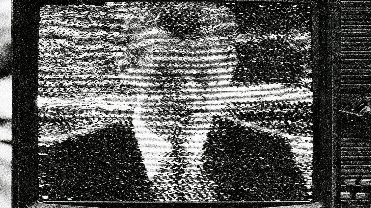A grainy, high-contrast television still of a man's face dissolving into interference, half-swallowed by static.